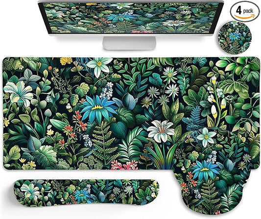 Floral Mouse Pad Large Desk Mat Set, Green Ergonomic Mouse Pad with Wrist Rest Keyboard Wrist Support XXL Mousepad Cup Coaster Set, Cute Green Office Desk Accessories Decor Supplies