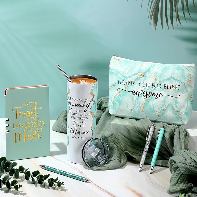Domensi 6 Pcs Employee Appreciation Gift Set for Women Female Thank You Gift May You Be Proud 20 oz Rustic Marble Sign Tumbler Makeup Bag Journal for Teacher Nurse Lady Work Business(Green)