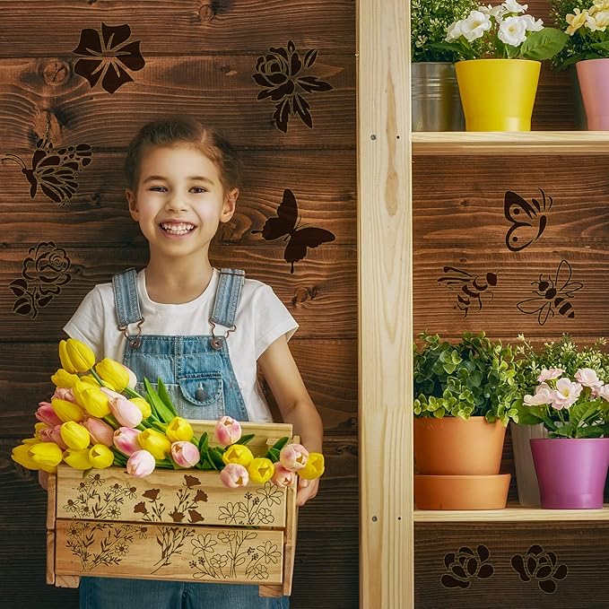 Lewtemi 6 Pcs Mixed Metal Stencil Wood Stencil Templates Stencils for Journaling Burning Stencils for Wood Carving Drawing Engraving Scrapbooking Journal Craft DIY(Plant Style)