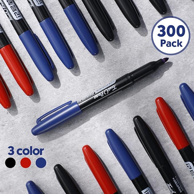 Thenshop 300 Pack Permanent Markers Bulk First Day of School Back to School Supplies Fine Point Waterproof Marker Works on Plastic, Wood, Stone, Metal, Glass for Office Classroom(Black, Red, Blue)