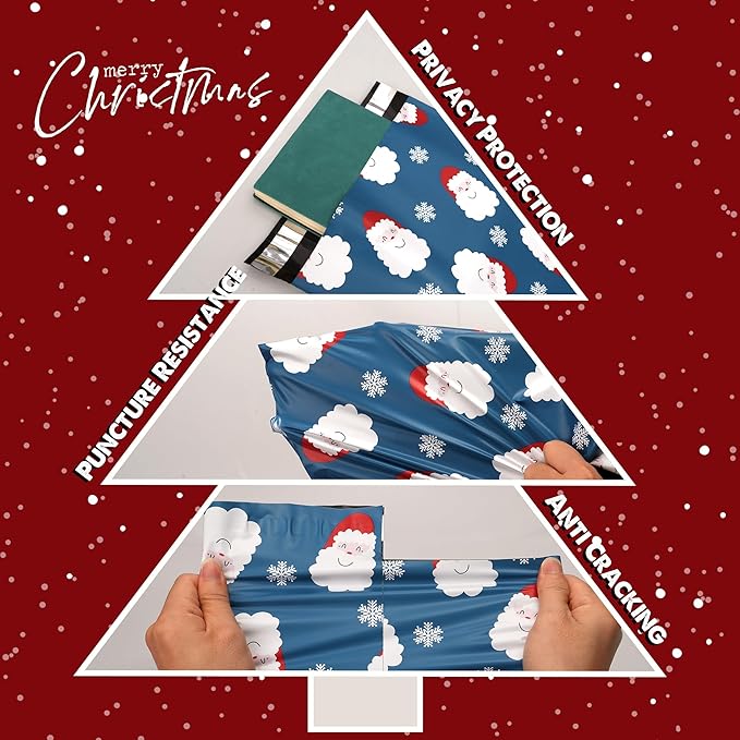 Christmas Poly Mailer 6x9 Inch 100 Pcs, Waterproof Shipping Bags for Clothing, Tear-Resistant Mailier Bags, Strong Mailing Bags with Self-Seal - Santa Claus and Snowflakes Printed