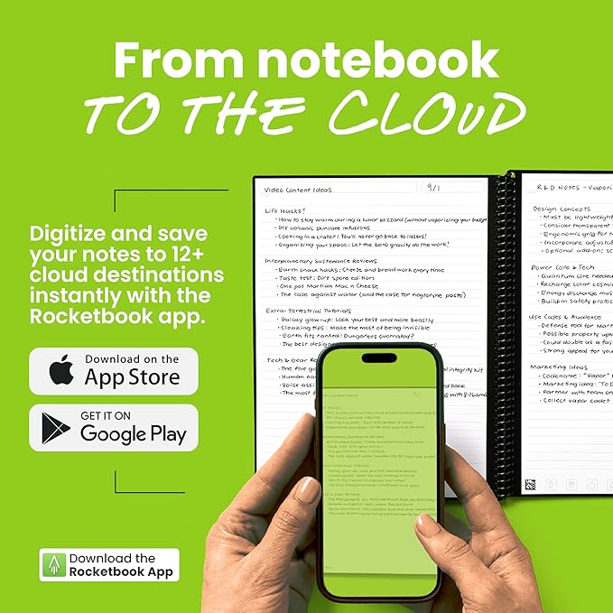Rocketbook New Core Reusable Spiral Notebook, Letter Size 8.5x11, Black - Lined Pages, App-Connected, Erasable, Durable Cover, Ideal for School, Work, and Creative Projects