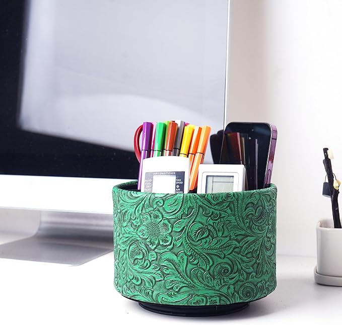 lizimandu Round Leather Art Supply Organizer,Remote Control Holder,360 Degree Spinning,Multi-Functional Pencil Holder,4 Compartments Desktop Stationary Organizer(1-Carved Green)