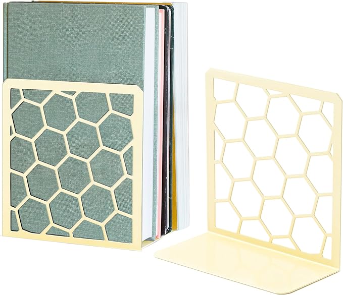 GEOMOD Geometric Honeycomb Yellow Metal Bookends Decorative - Tall Sturdy Book Ends for Shelves - Modern Heavy Duty Bookend Stopper - Office or Home Book Shelf - 6x3.25x6.25 Inches - 1 Pair