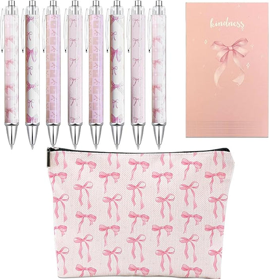10PCS Pink Bows Ballpoint Pens Coquette Bow Ballpoint Pens Black Gel Ink Coquette Aesthetic Pens sticky notepad for Journaling Office Supplies