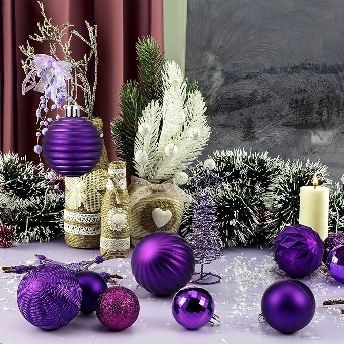 64 Pcs Purple Christmas Ball Ornaments 1.6/1.97/2.4 Inch Dark Purple Christmas Tree Decorations Shatterproof Plastic Xmas Bulbs Ornament for Tree Wreath Indoor Holiday Decor