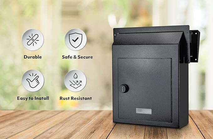 Rainproof Through The Door Key Drop Box, Galvanized Steel Heavy Duty Mailbox Safe Deposit Box, Locked Mail Drop Box with Combination Lock for Key and Payment, Black Mailbox