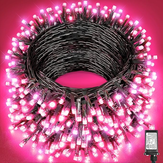 197FT 600 LED Christmas Lights Outdoor, Plug in Christmas Tree Lights 8 Modes, Waterproof Green Wire String Twinkle Lights for Indoor House Patio Garden Party Wedding Holiday Decorations, Pink
