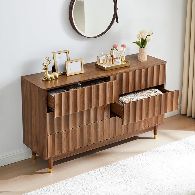 Fluted 6 Drawer Dresser, 53" Wide Modern Storage Chest of Drawers, Wood Drawer Organizer for Bedroom, Living Room, Hallway