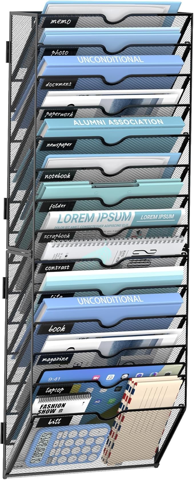 14 Tier Wall Hanging File Organizer, Paper Folder Holder Wall Mounted, Metal Mail Sorter for Office Home School, Black