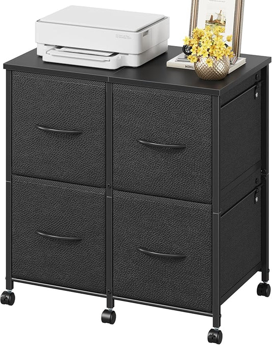 Lateral File Cabinet 4 Fabric Drawer, Mobile Filing Cabinet for Large Printer, Home Office Functional Small Office Storage Cabinet & Printer Stand, Fits Letter Size, Black