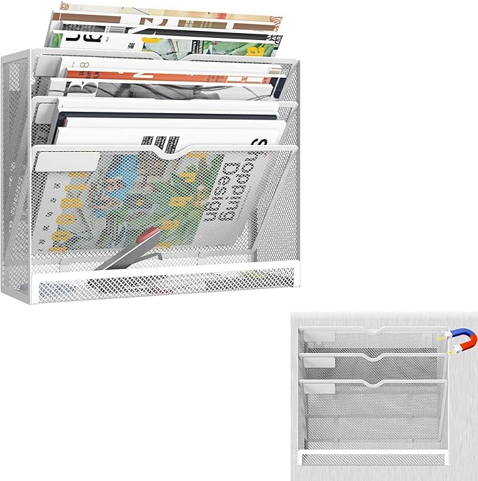 4 Tier Magnetic File Holder, Large Capacity Mesh Hanging Wall Organizer Vertical Magnetic Hanging File Organizer, Magnetic File Folder Holder for File Cabinets, Office, Whiteboard (White)