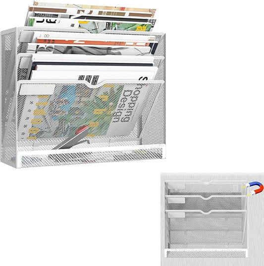 4 Tier Magnetic File Holder, Large Capacity Mesh Hanging Wall Organizer Vertical Magnetic Hanging File Organizer, Magnetic File Folder Holder for File Cabinets, Office, Whiteboard (White)