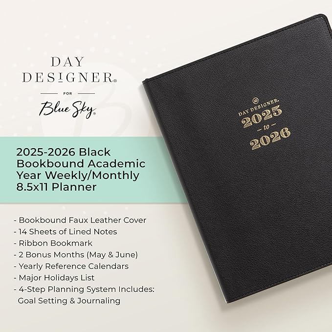 Blue Sky Day Designer 2025-2026 Academic Year Weekly and Monthly Planner Calendar, July 2025 - June 2026, 12-Month, 8" x 10", Faux Leather Cover, Bookbound, Black