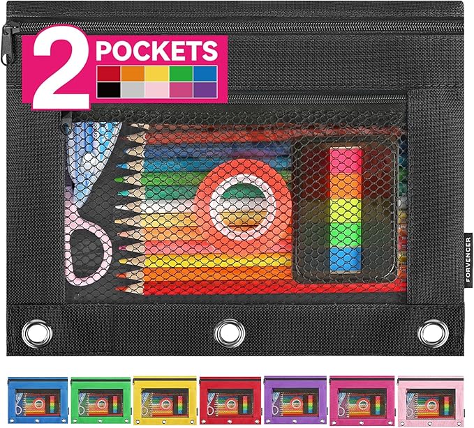 Forvencer Pencil Pouch for 3 Ring Binder, Clear Pencil Case Bag with Smooth Zipper, Pen Organizer for Girls Boys Kids, School Supplies, Back to College Stationery, Black