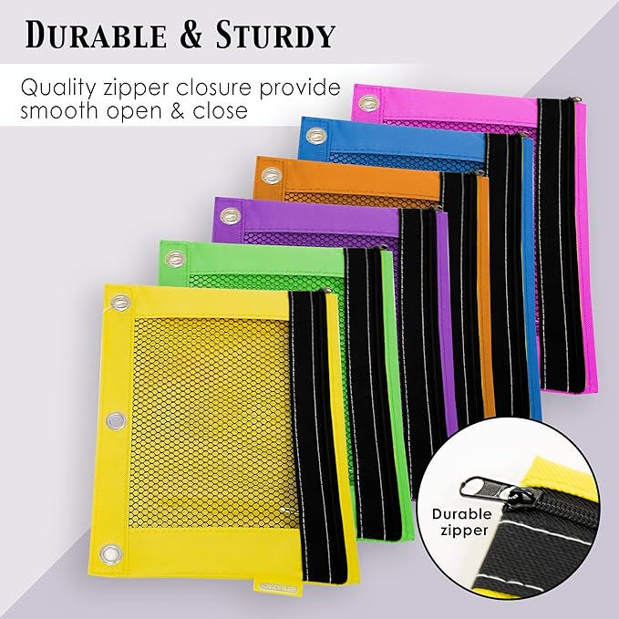 BAZIC Pencil Pouch 3 Ring Binder Pouch w/Rivet Enforced Rings Holes, Mesh Window, Bright Assorted Color Zipper Pouches Case, 6-Pack