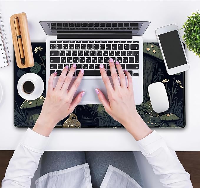 Kawaii Mushroom Cute Frog Desk Mat Anime Gaming Mouse Pad Dark Green Forest Mousepad XXL, Large Extended Laptop Keyboard Mouse Mat Desk Pad 31.5x15.75 in, Non-Slip Rubber Base with Stitched Edges