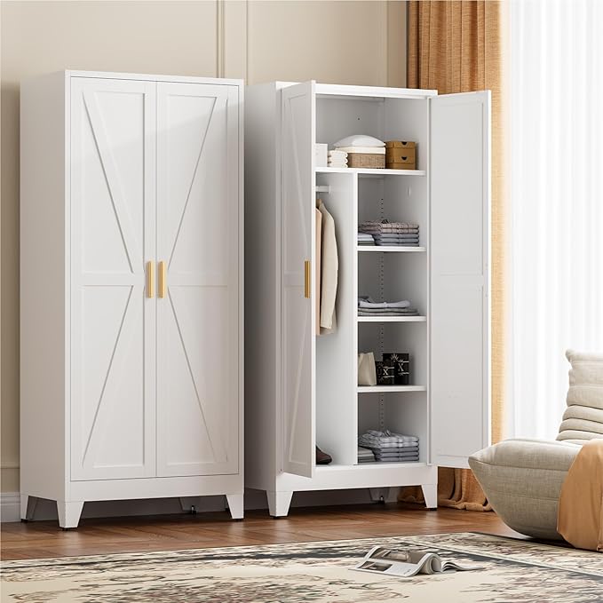 71" Tall Metal Wardrobe Closet with Adjustable Shelves and Hanging Rod, 2 Doors Office Storage Locker Cabinet for Home, Office, Bedroom, Laundry Room, White