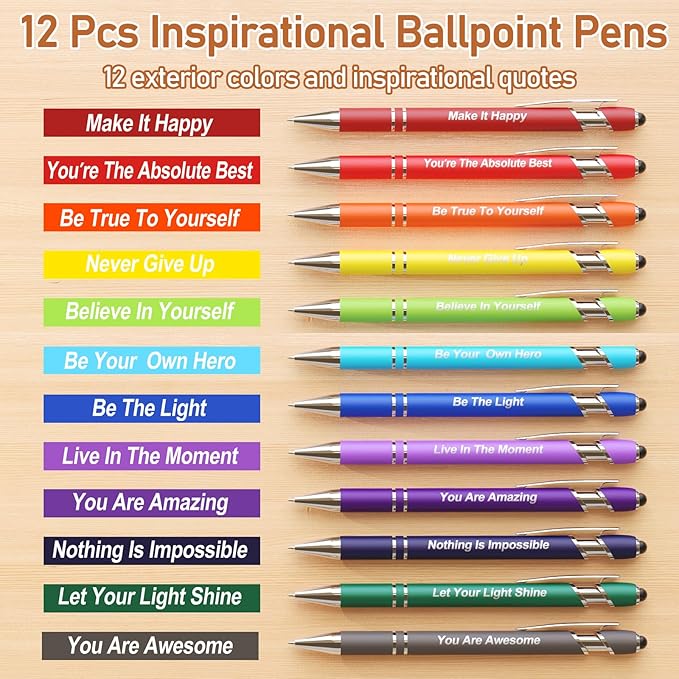 12 Pcs Inspirational Pens Bulk, Motivational Pens Ballpoint with Stylus Tips, 0.5mm Smooth Writing Pens Fine Point of Black Ink, 12 Colors with Gift Box for Home, School, Office