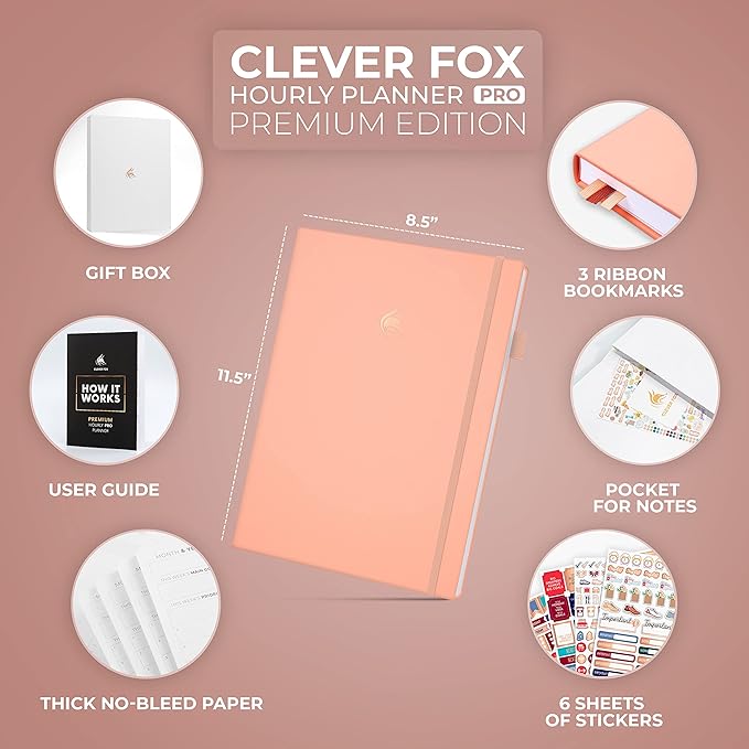 Clever Fox Hourly Planner PRO Premium – Undated Schedule Planner with Daily Time Slots – Personal Organizer Notebook for Time Management – Weekly & Monthly Life Journal, A4 size (Light Pink)