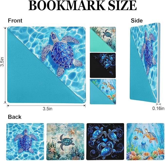 Sea Turtle Corner Bookmarks 4 Pcs, Funny Leather Book Accessories for Book Lovers, Cute Reading Book Page Markers for Women Men Girls Boys Kids Student Teacher Retirement Birthday Gifts