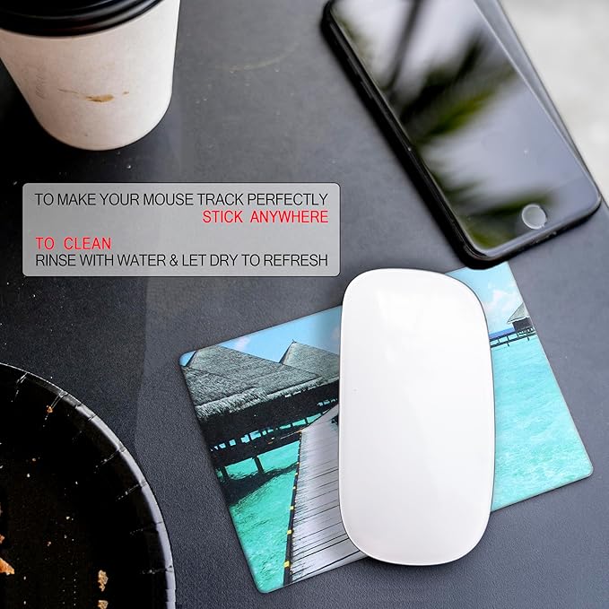 Mouse Pad Adhesive Bottom - Sticks to Any Surface - Portable - Webcam Covers and Screen Cleaner Included (Beach)