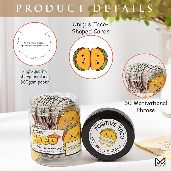 Positive Taco Jar – 60 Funny Emotional Support Taco, Back to School Gifts for Teachers, Students, Birthday Gifts for Women, Men, White Elephant Gift, Teen Girl Gifts Trendy Stuff, Friends Gifts