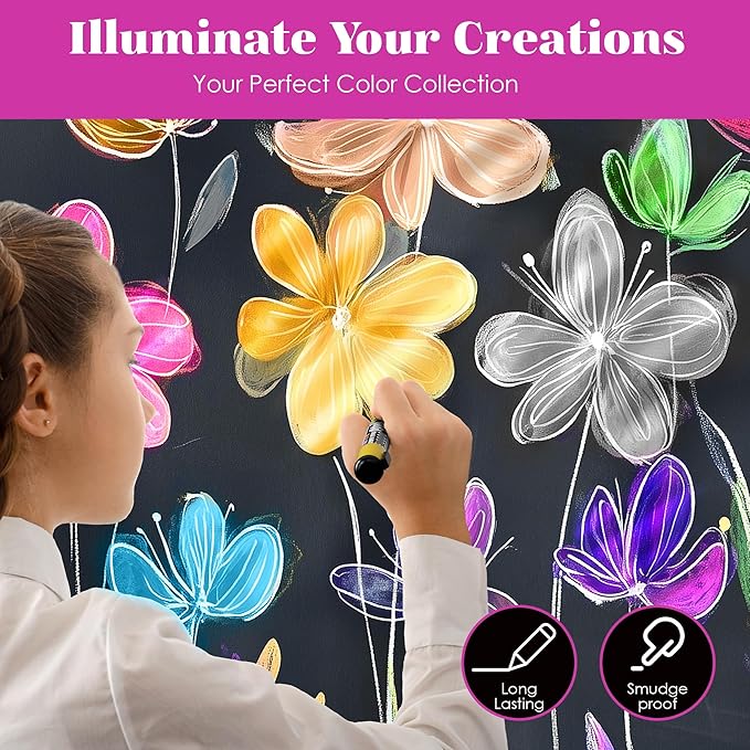 Loddie Doddie Metallic Liquid Chalk Markers for Chalkboard - 8 Count, 6mm Reversible Chisel & Bullet Tip - Erasable Chalk Pen - Metallic Chalkboard Markers - Chisel Tip Pens