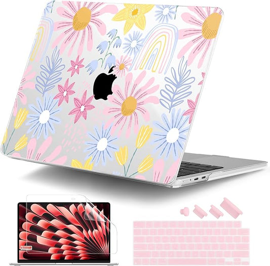 DONGKE Compatible with M4 MacBook Air 15 inch Case 2025 2024 2023 A3241 A3114 A2941 M3 M2 Liquid Retina Display Touch ID, Plastic Hard Case & Keyboard Skin & Screen Protector - Colorful Florals