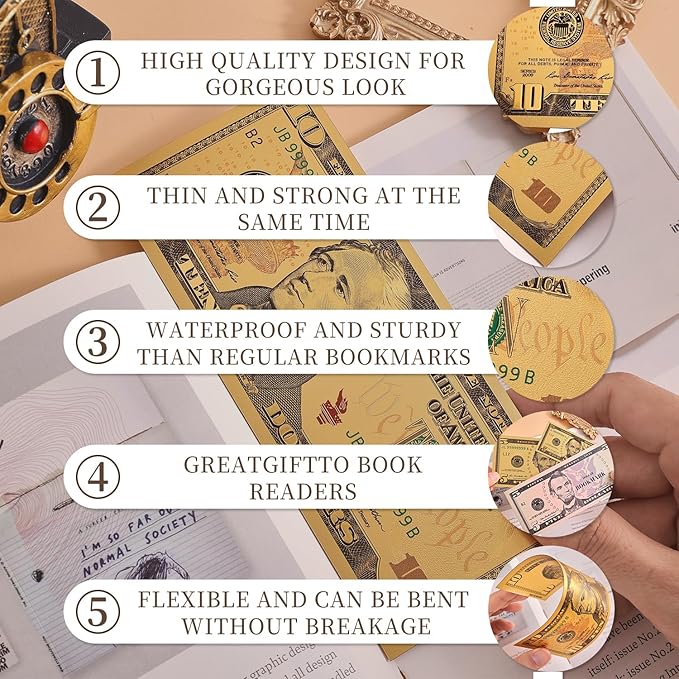 6 PCS Dollar Bill Bookmarks, Cool Waterproof Bookmark, Fancy Book Marks for Book Lovers Reading Women Writers Children, Birthday Gifts for Readers, Reading Accessories, Large & Small Sizes for Books