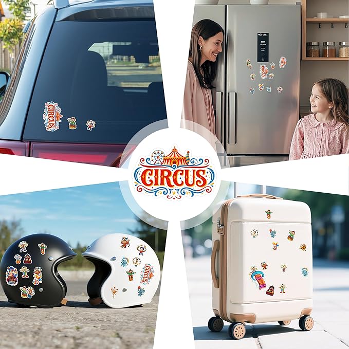 100 PCS Carnival Circus Stickers Pack, Vinyl Waterproof Decals of Clowns Popcorn Ferris Wheel Elephants, Fun Gift for Kids Teens Boys Girls Birthday Laptop Bottle Scrapbook
