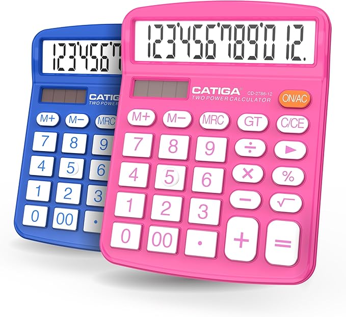 CATIGA Desktop Calculator (2 Pack) 12 Digit with Large LCD Display and Sensitive Button, Solar and Battery Dual Power, Standard Function for Office, Home, School, CD-2786 (Blue/Pink)