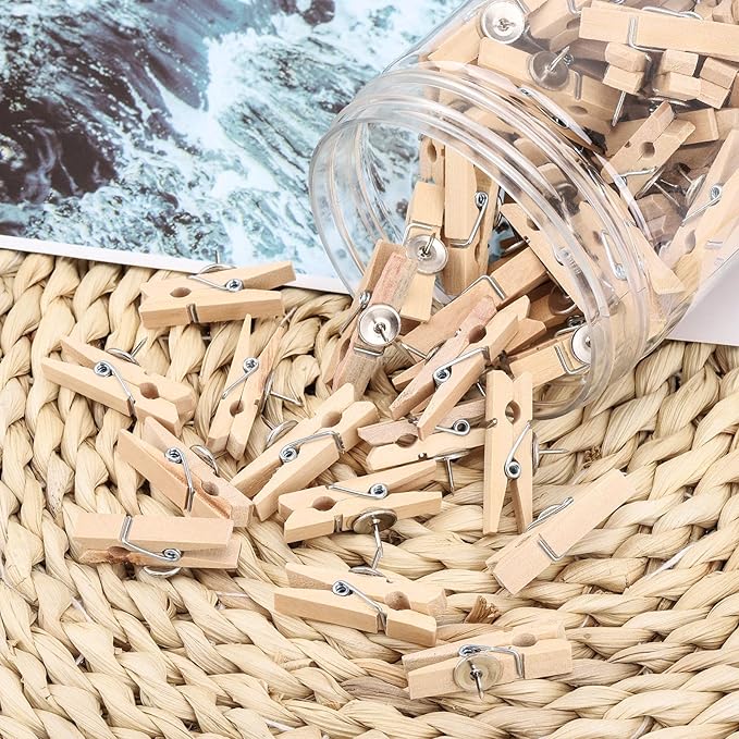 50Pcs Wooden Clips Push Pins Tacks for Cork Board Artwork for Crafts Arts Projects Photo Supplies(Wood Color)