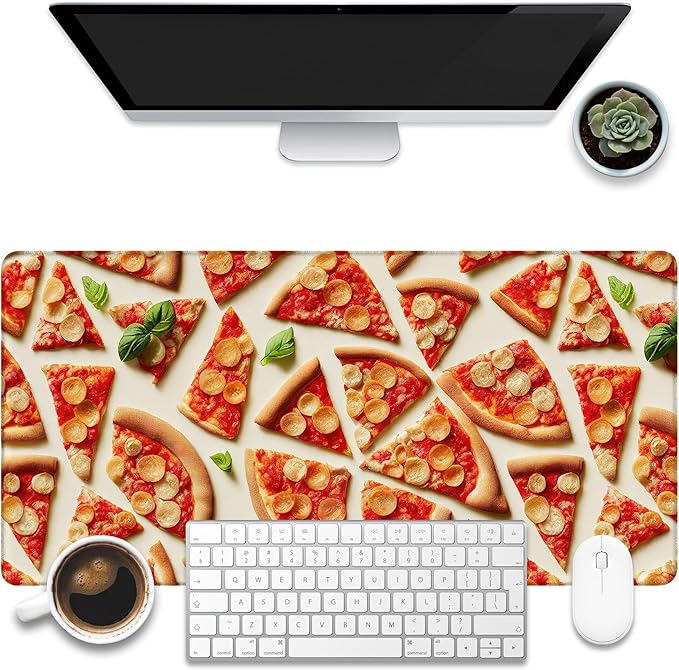 Desk Mat, Realistic Pizza Slices Desk Pad, Pizza Food Large Gaming Mouse Pad for Desk, 31.5"x15.7" Extended Big Computer Keyboard Mouse Pad with Non-Slip Base and Stitched Edge
