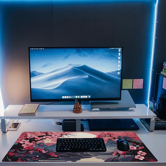 Desk Pad,Pink Cherry Blossom Tree Desk Mat,Mountains and Sun Large Gaming Mouse Pad for Desk,Extended Big Computer Keyboard Mouse Pad with Non-Slip Base and Stitched Edge,35.4"x15.7"