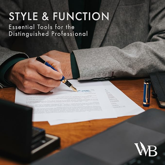 Wordsworth & Black Primori Fountain Pen Set - Blue Gold, Medium Nib, Gift Case, 24 Ink Cartridges, Refill Converter, Manual, Smooth Writing, Left & Right Handed