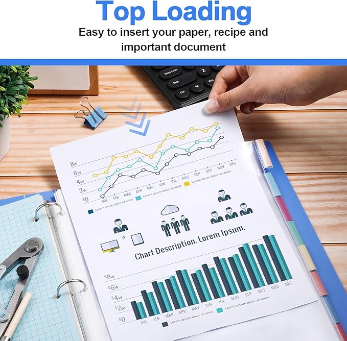 ReliThick 12 Set of 96 Pack Clear Sheet Protectors 8.5 x 11 Inch Page Protector for 3 Ring Binder with 8 Tabs Plastic Dividers for 3 Ring Binder, Insertable Index Page Divider Multicolor Tabs