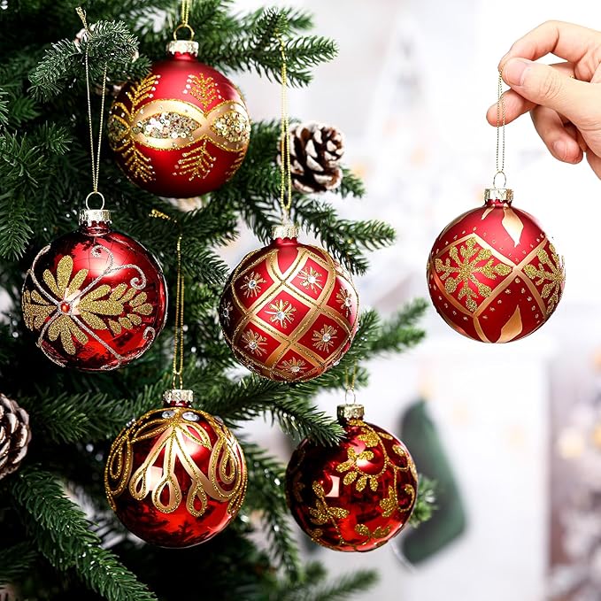 6 Pcs 3.15 Inch Glass Luxury Christmas Ball Red and Gold Ball Ornaments Glass Christmas Tree Decorations Luxury Hanging Ornaments for Xmas Tree Party Holiday Decor