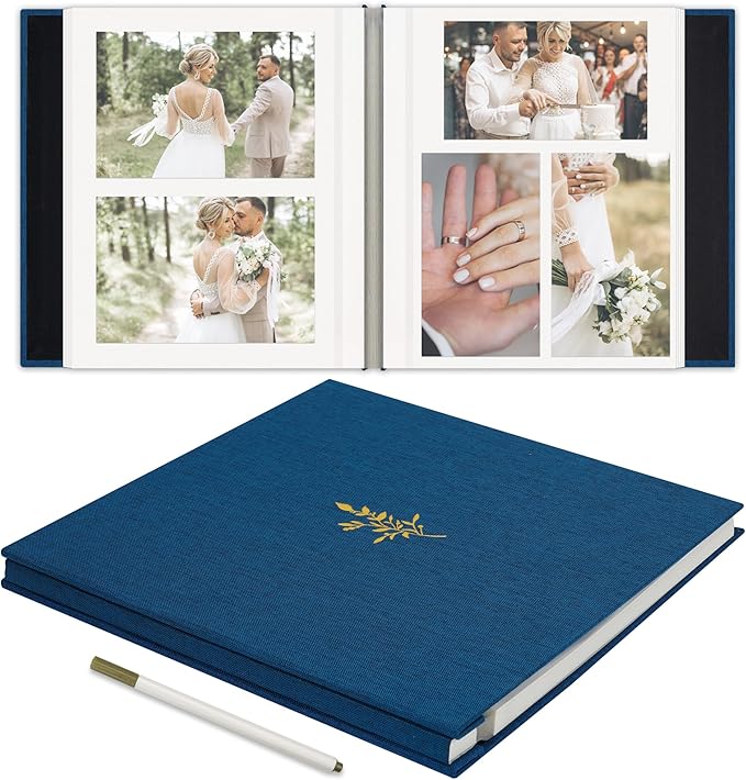 Self Adhesive Photo Album, Navy Blue Scrapbook Album with DIY 40 Blank Pages, Wedding Photo Album with A Metallic Pen for 4x6 5x7 2x3 Pictures, 10.6"x11"