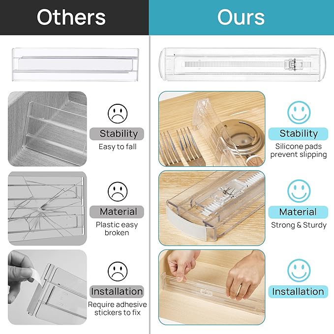 Vtopmart 4 Pack Shallow Drawer Dividers, 2.36" High 12.67"-21.14" Adjustable Expandable Kitchen Drawer Organizer, Clear Plastic Organizer Separators for Flatware, Utensil, Cutlery, Underwear, Clothes
