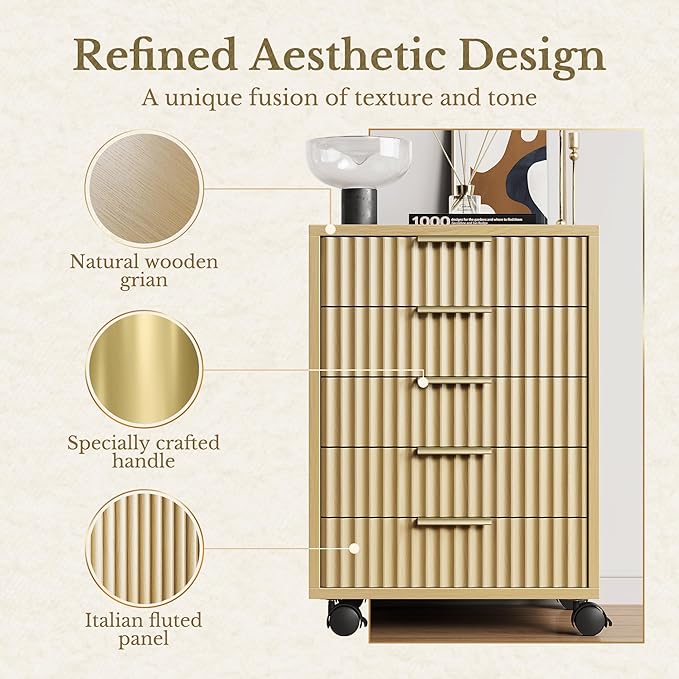 5 Drawer Chest, Under Desk Storage Wood Drawers with Wheels,Fluted File Cabinet for Home Office, Light Walnut