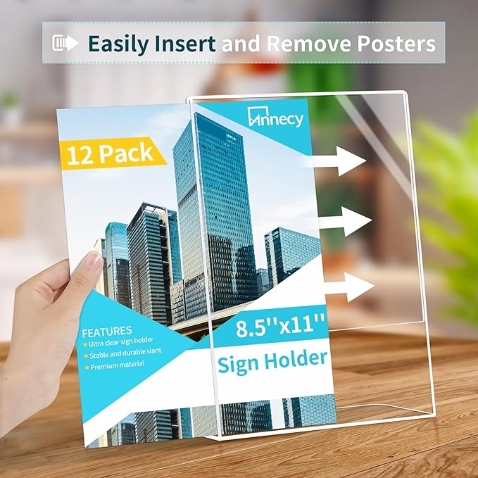 Annecy Sign Holder 8.5 x 11, 12 Pack, L Shape Plastic Clear Sign Stand for Display, Double-Sided, Slanted Back Design, Wide Use Plastic Material