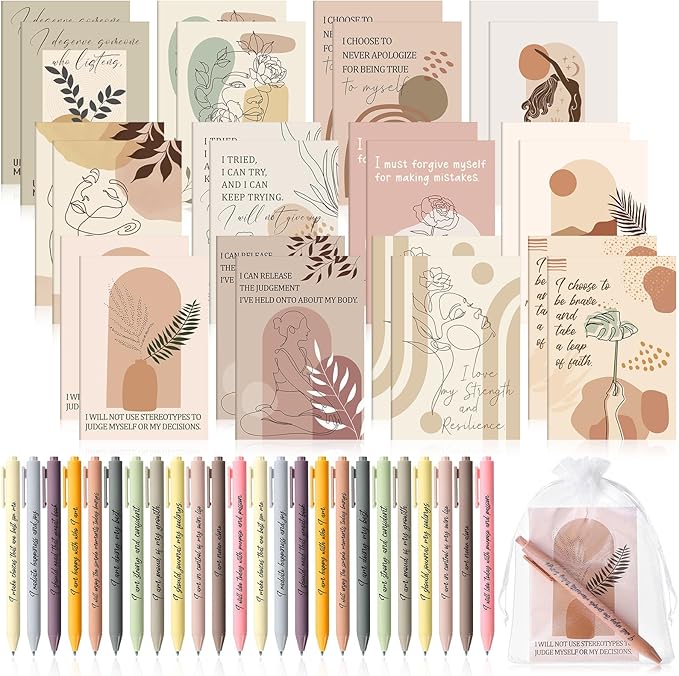 24 Set/48 Pcs Positive Affirmation Gift Set Gratitude Notebooks with Pens Small Bags Motivational Encouragement Notepads Daily Affirmations Journal for Women Stress Relief Self Care (Boho)