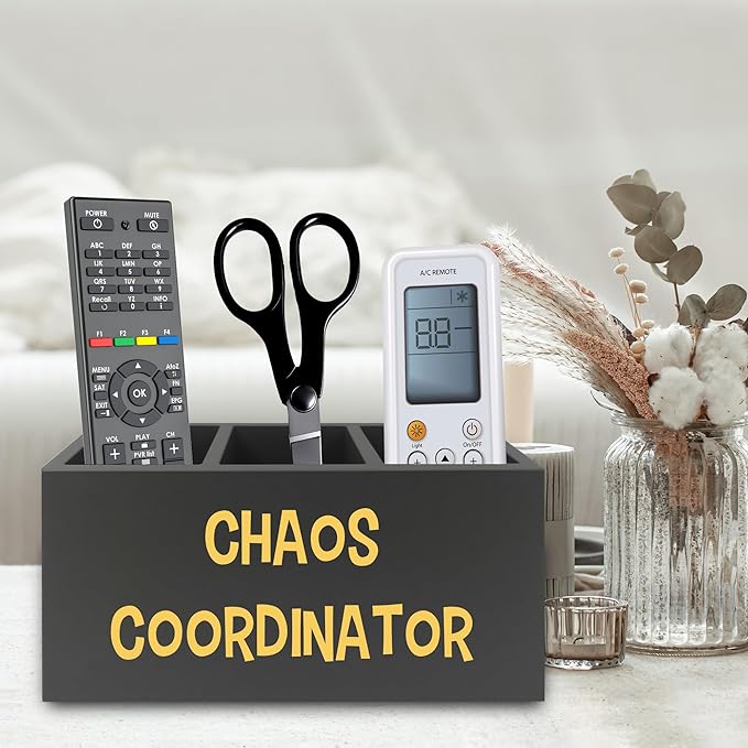 Chaos Coordinator Black Yellow Pen Pencil Holder Organizer for Desk, Thank You Gifts for Women Men Coworkers Boss Leader Manager, Appreciation Gifts Wooden Box Sign for Desk Tabletop Decorations