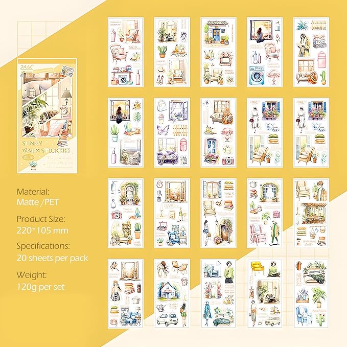 Snycler Sunshine Series Sticker Book - 20 Sheets Vintage PET Stickers for Scrapbooking, Junk Journaling, Ephemera, and Decorative Crafts - Pre-Cut Bright & Cheerful Design Stickers
