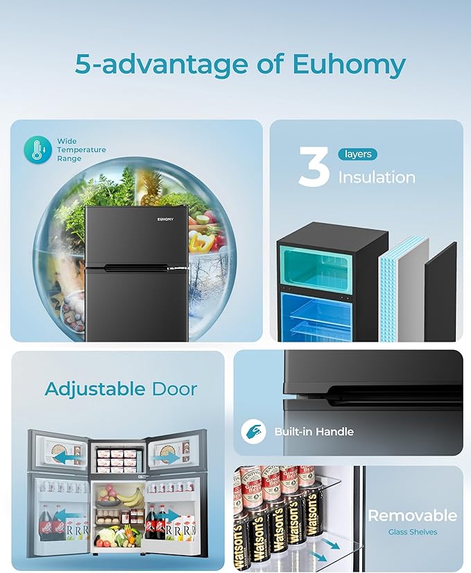 EUHOMY Mini Fridge with Freezer, 3.2 Cu.Ft Mini Refrigerator, Dorm Fridge with 2 Door For Bedroom/Apartment/Office-Food Storage Cooling Drink, Black