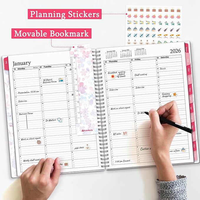CRANBURY Daily Planner 2026, 8.5x11 Appointment Book, Jan to Dec 2026, 15-Min Hourly Scheduler, Large Planner Book with Colorful Tabs, Premium Paper (Blossoms)