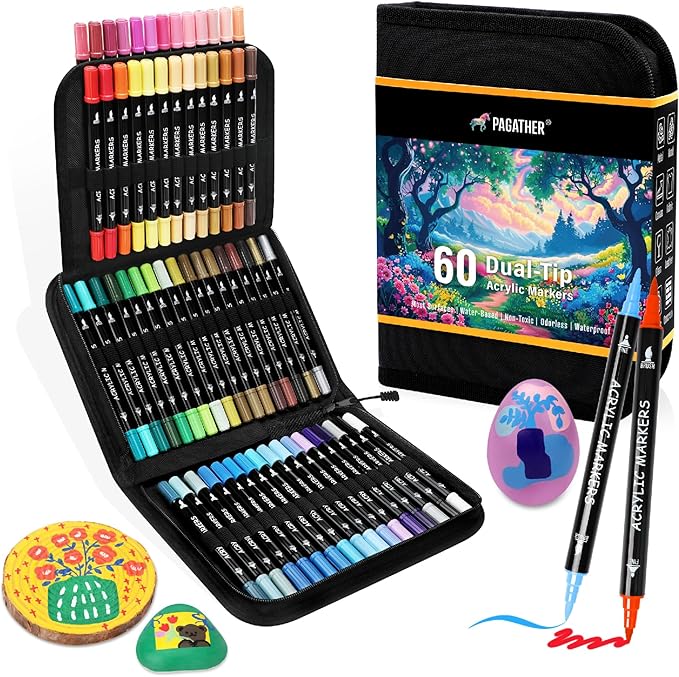 60 Colors Acrylic Paint Markers, Dual Tip with Fine Tip and Brush Tip Pens for Stone, Wood, Calligraphy, Canvas, Ceramic, Metal, Glass, Rock Painting, DIY Crafts Art Supplies Kit