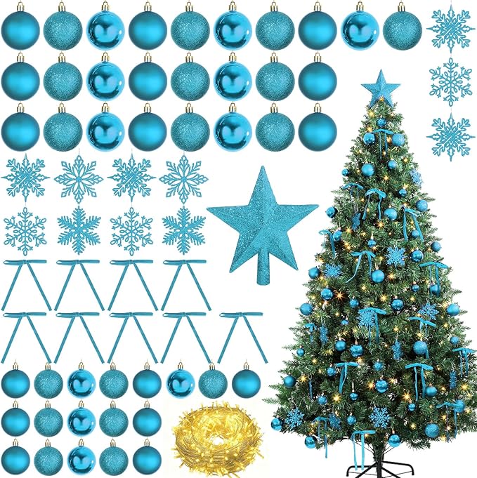 86Pcs Led Light Blue Christmas Tree Decorations Set 100 Led Light Christmas Star Trees Topper with String Lights Xmas Balls Snowflakes Ornaments Bows Xmas Trees Decor 20m Light String