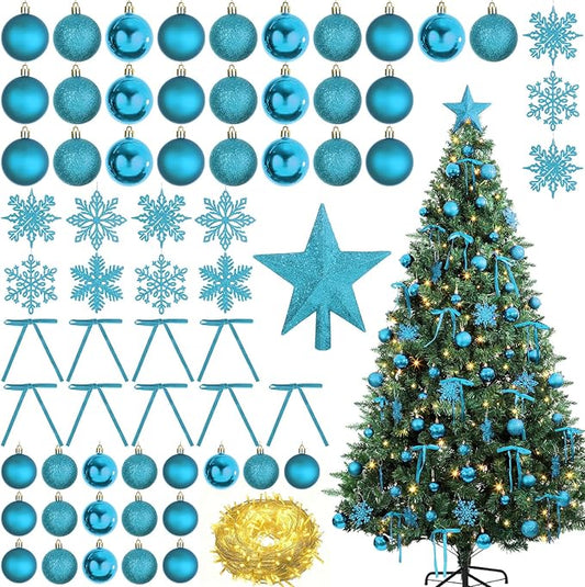 86Pcs Led Light Blue Christmas Tree Decorations Set 100 Led Light Christmas Star Trees Topper with String Lights Xmas Balls Snowflakes Ornaments Bows Xmas Trees Decor 20m Light String